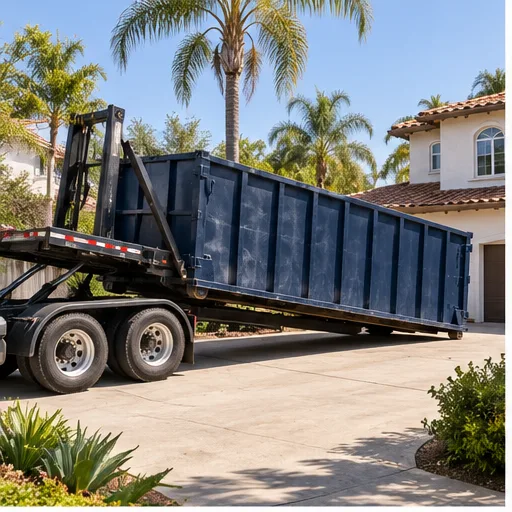 Large navy roll-off dumpster being delivered to a Los Angeles driveway
