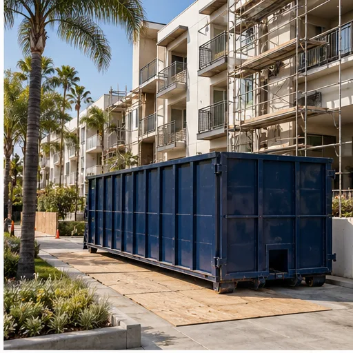 Large dumpster serving a multi-unit renovation with a clear loading route